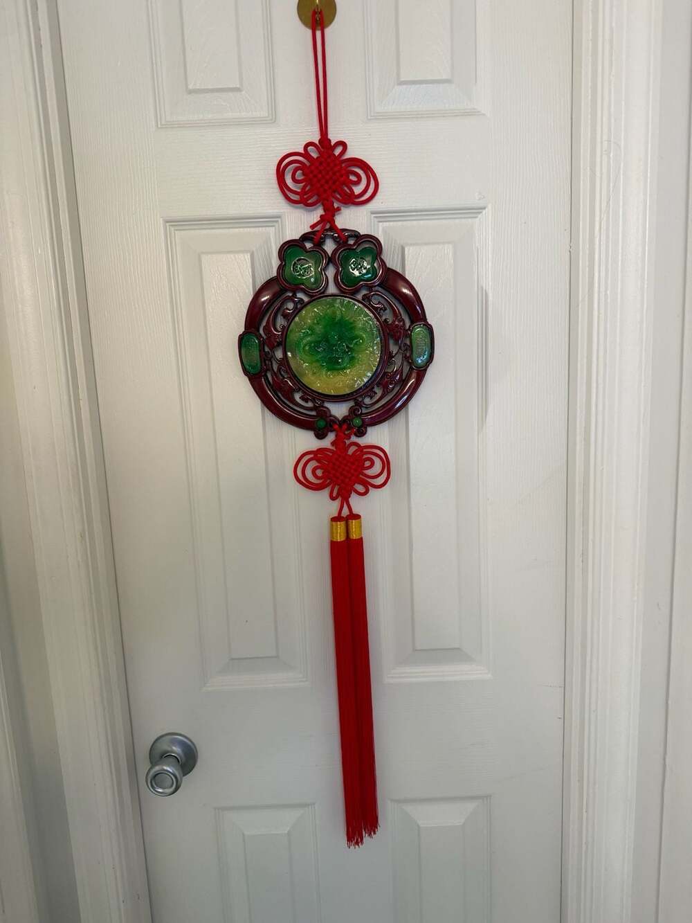 Vintage Chinese Dragon Faux Jade & Red Knot Wall Hanging Decor 43in